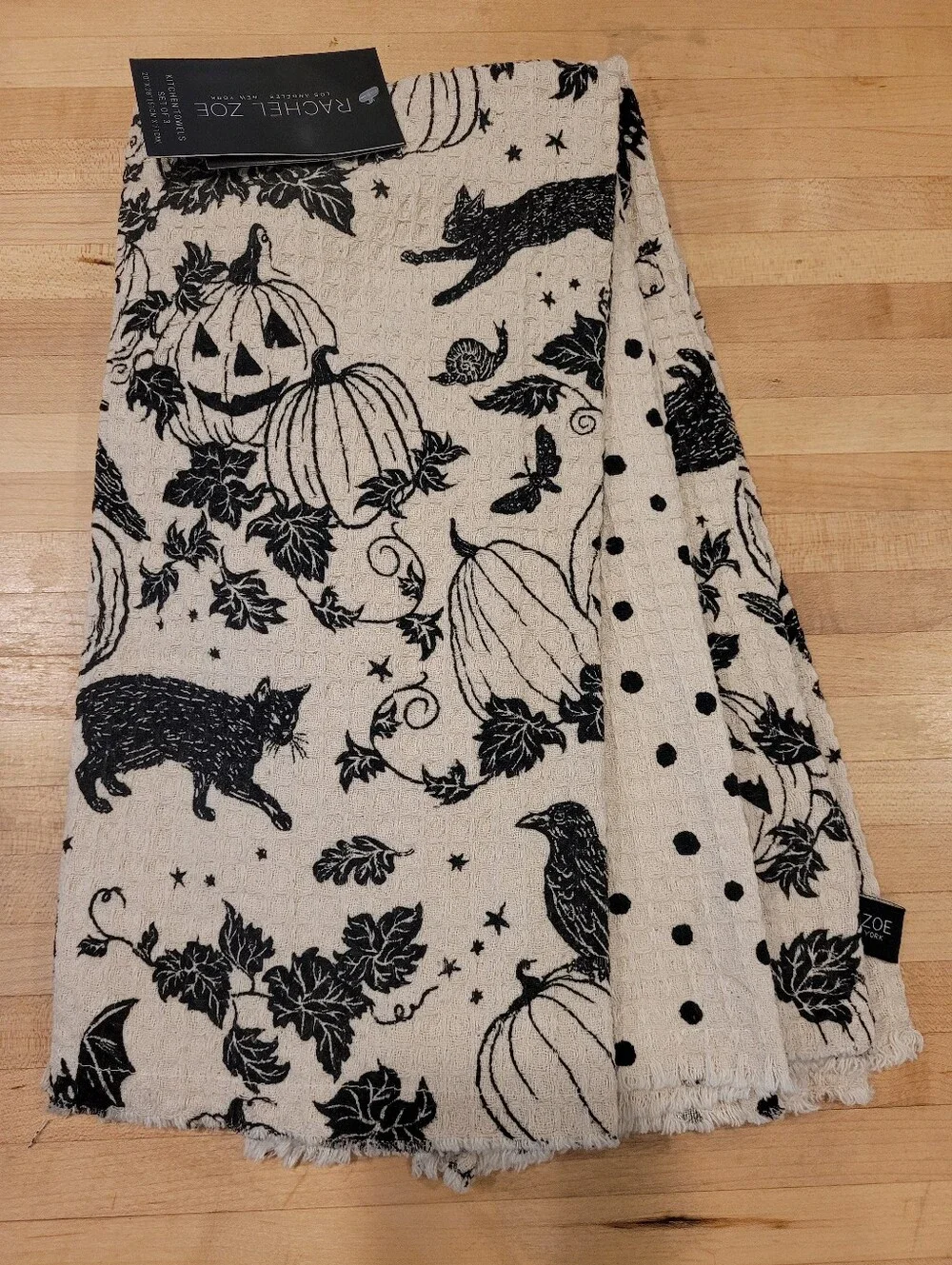 Rachel Zoe Cream and Black Halloween Pumpkin & Cat Kitchen Towel Set